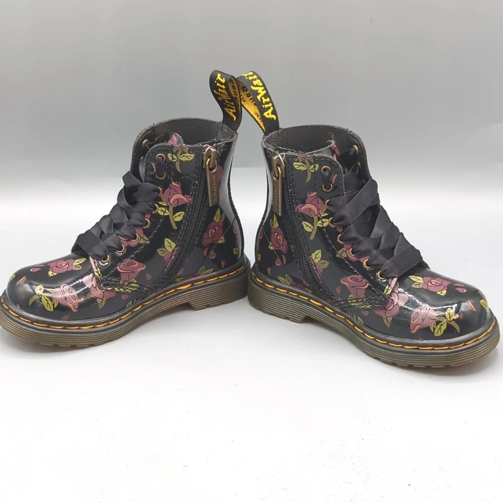 Dr. Martens 1460 Pascal T Black Floral Coated Leather Boots Kids Size US 8 UK 7